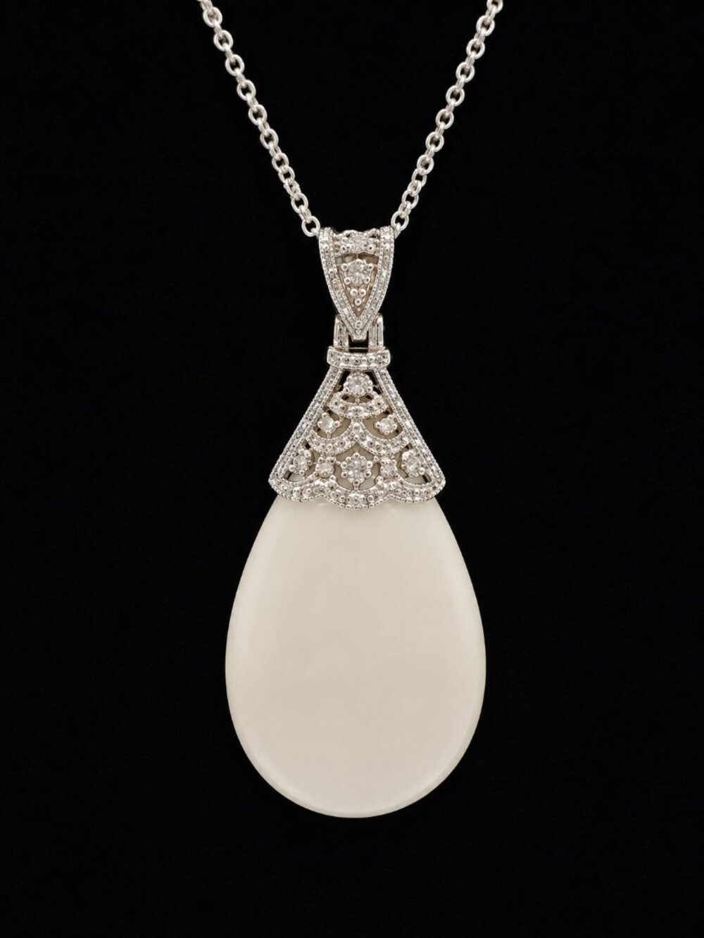 Steven Vardi White Agate Teardrop & Diamonique Filigree Necklace  18" Sterling